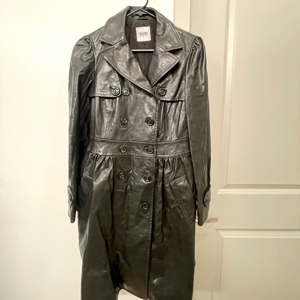 Moschino Leather Trench Coat, Pointed Collar, Button Closure, Length 33”
